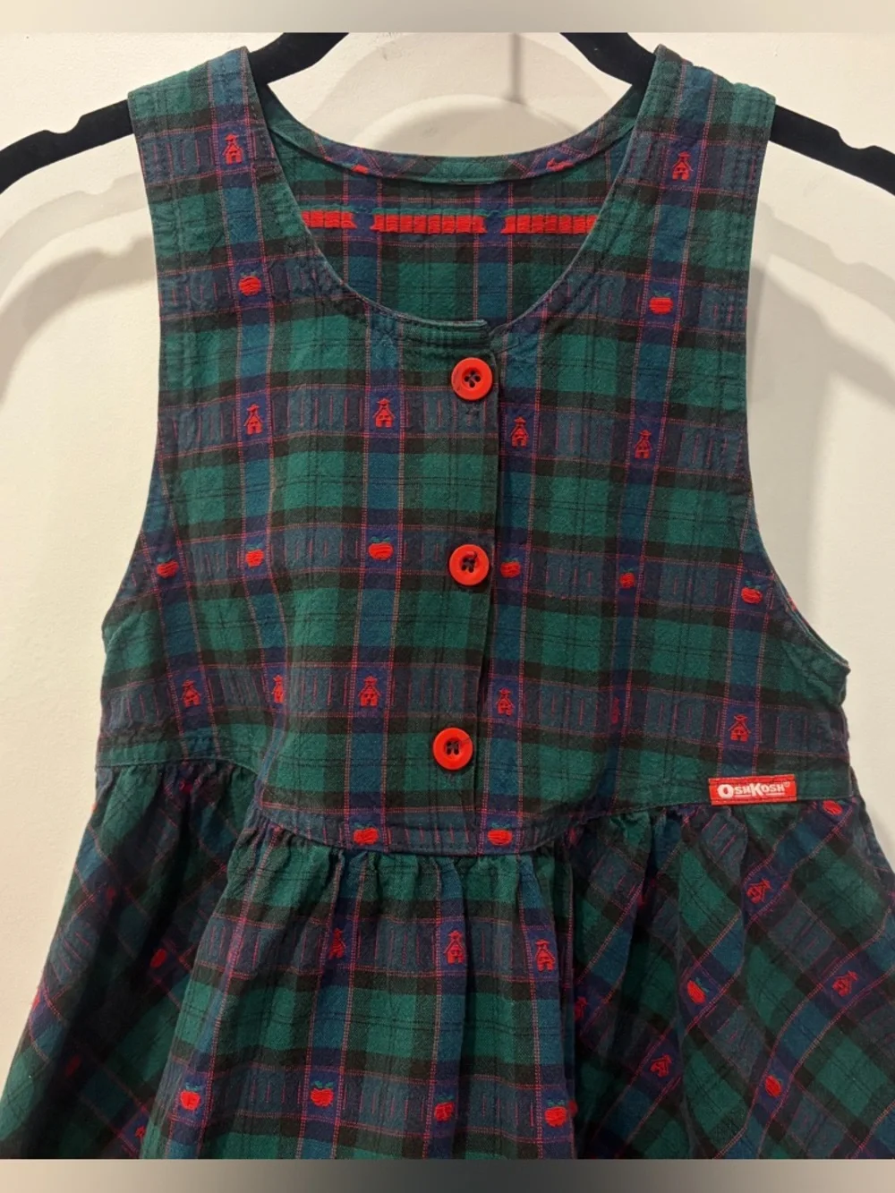 Vintage OshKosh Bgosh Green Plaid Sleeveless Girls Dress with Red Buttons - Picture 4 of 15